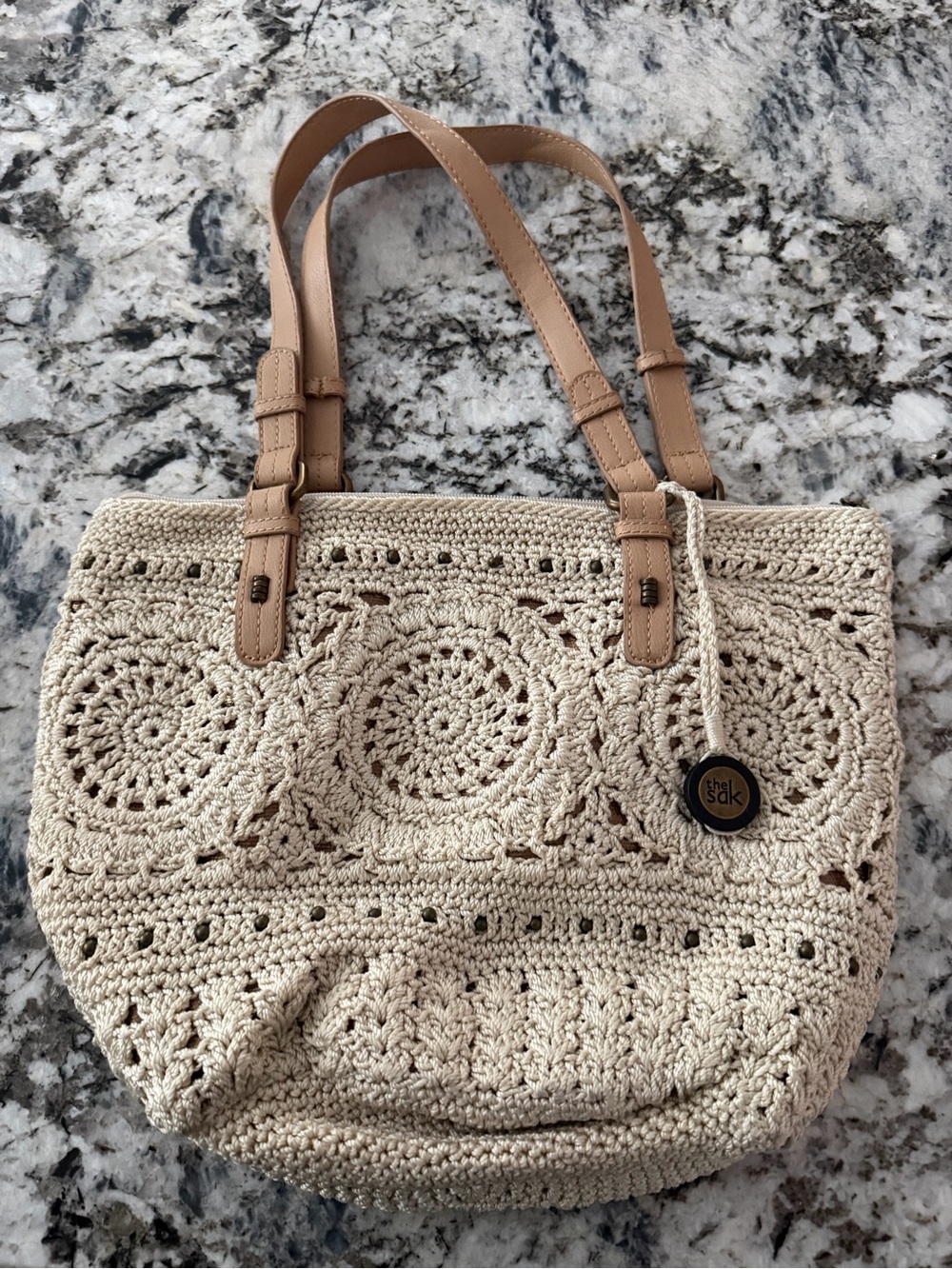 The Sak Crochet Tote in Beige with Tan Handles